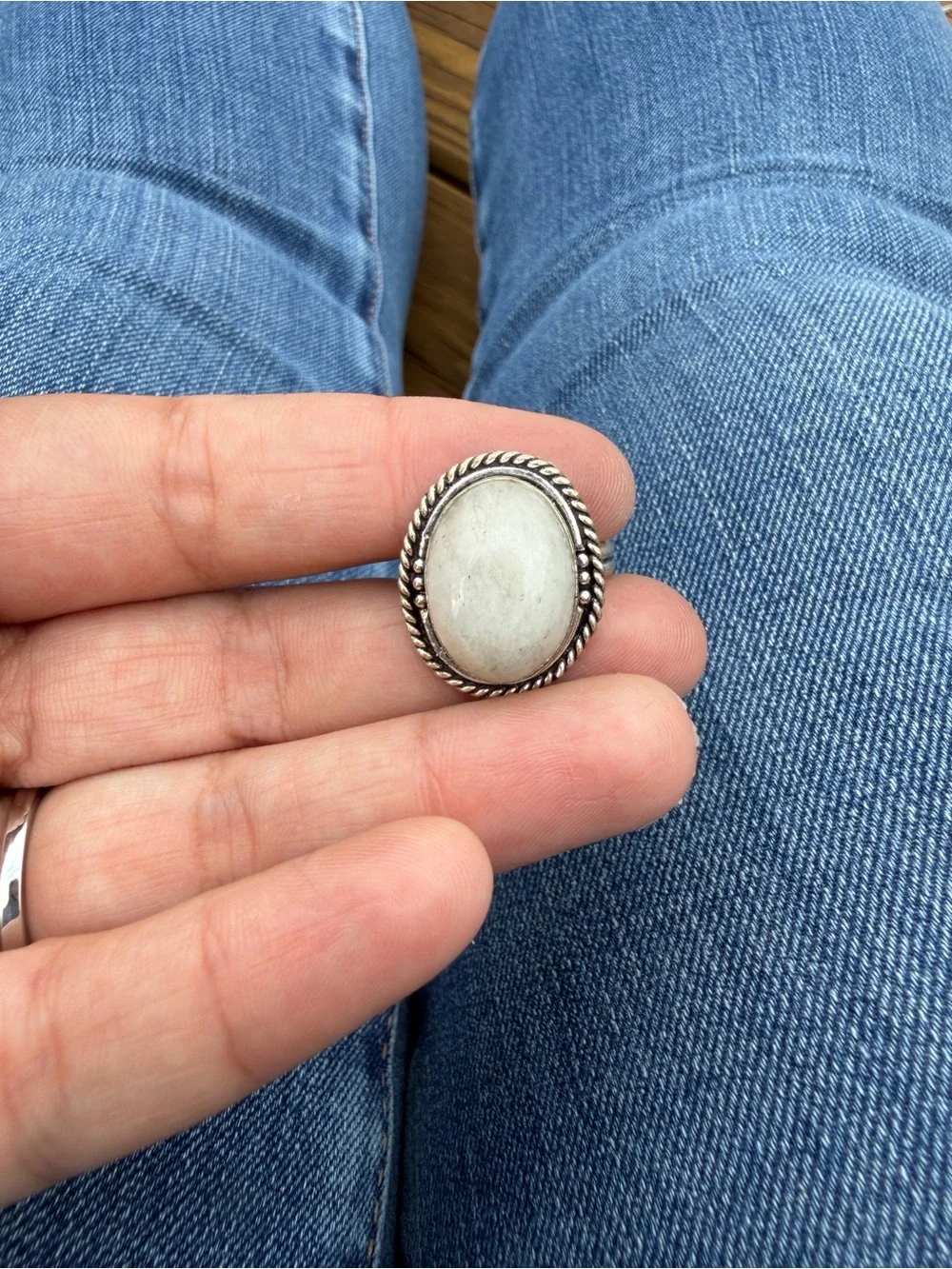 Sterling Silver Oval White Stone Ring - Women Jewelry